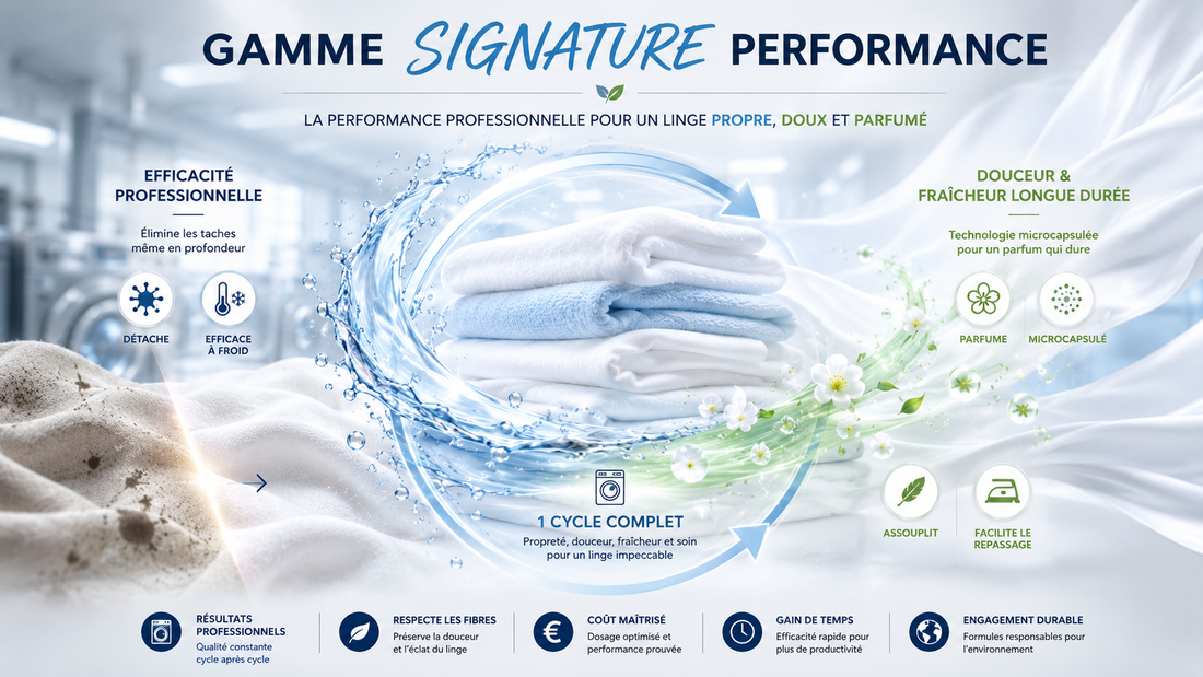Gamme Signature Performance : détache, assouplit et parfume en un seul cycle